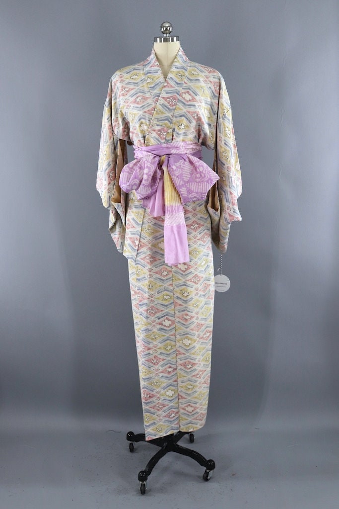 Vintage Silk Kimono Robe Ivory Pink Pastel Watercolor Batik | Etsy