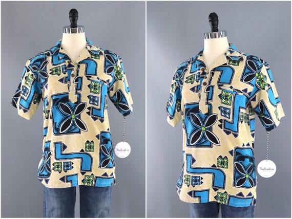 Vintage Hawaiian Shirt, Blue & Yellow Barkcloth Ba