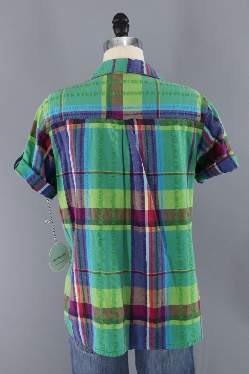 Vintage 1980s Madras Plaid Top Green Seersucker Cotton Preppy Summer Blouse