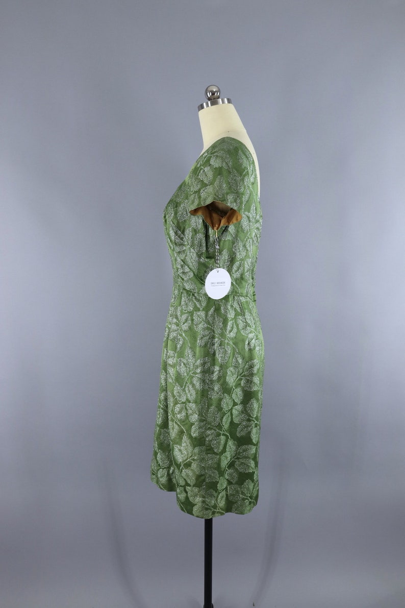 Vintage Cocktail Dress Reception Courthouse Wedding Bridesmaid Olive Army Green /& Silver Satin 1950s 50s 1960s 60s