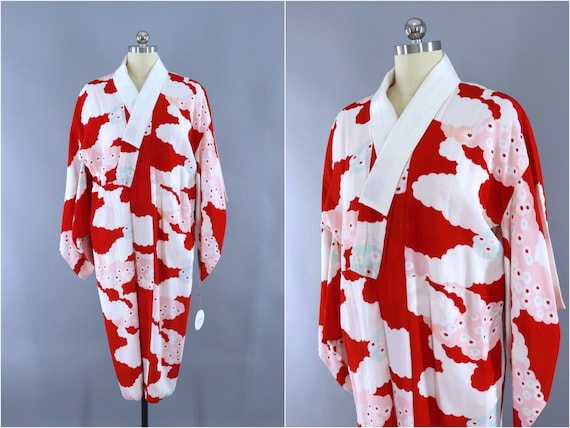 Silk Kimono, Red & Pink Clouds Print, Loungewear R
