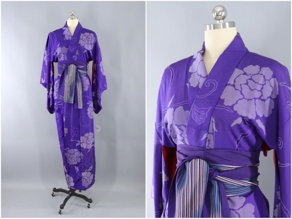Vintage Kimono Robe, Purple Grey Floral Omeshi, Ar