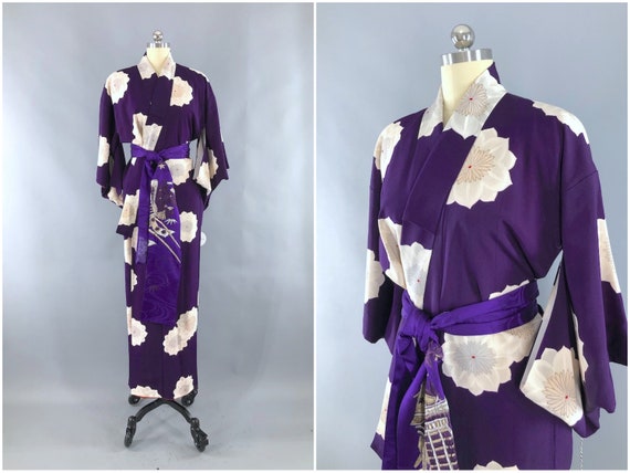 Vintage Silk Kimono, Purple and White Floral Print