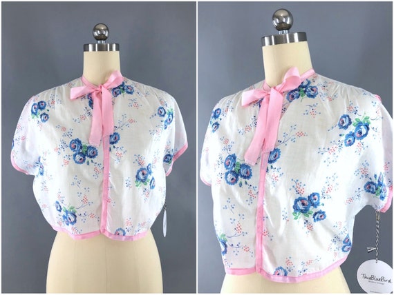 Vintage Bed Jacket, 1930s 30s, White Cotton Pink F