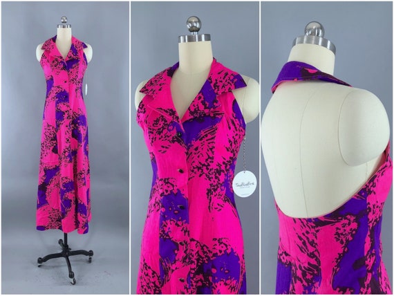 Vintage Dress, Neon Pink Hawaiian Aloha Floral Pri