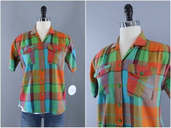 Vintage Blouse, Orange and Green Plaid, Tartan Mad
