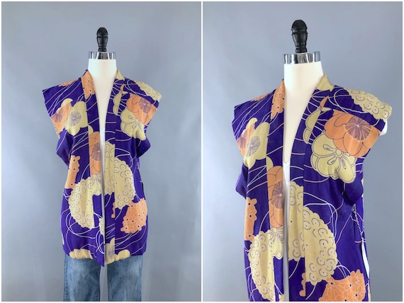 Vintage Short Kimono Japanese Haori Jacket 50s Silk Kimono Kimono Wall Hanging, 1950s Japanese Robe Floral Kimono Purple Kimono