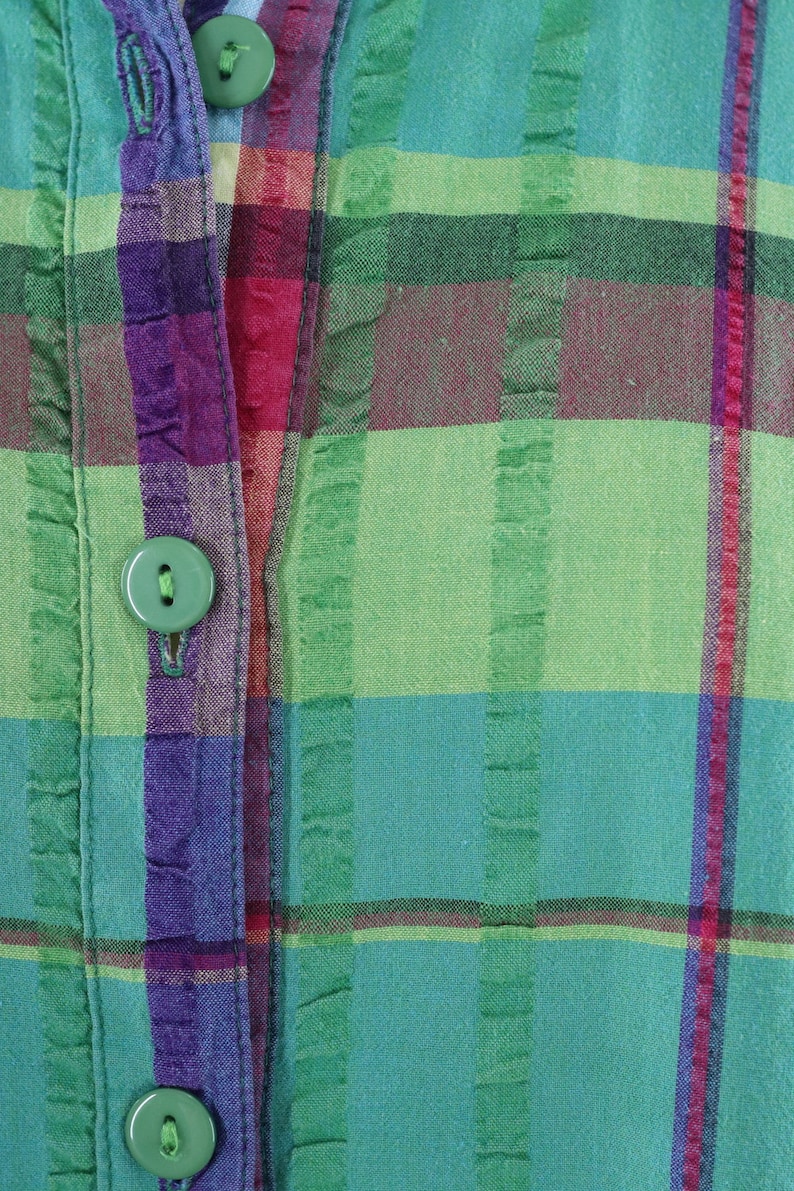 Vintage 1980s Madras Plaid Top Green Seersucker Cotton Preppy Summer Blouse