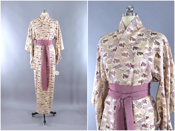 Vintage Kimono, Ivory Purple Animal Novelty Print,