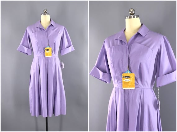 Vintage Dress, Lavender Purple Cotton Shirtdress,