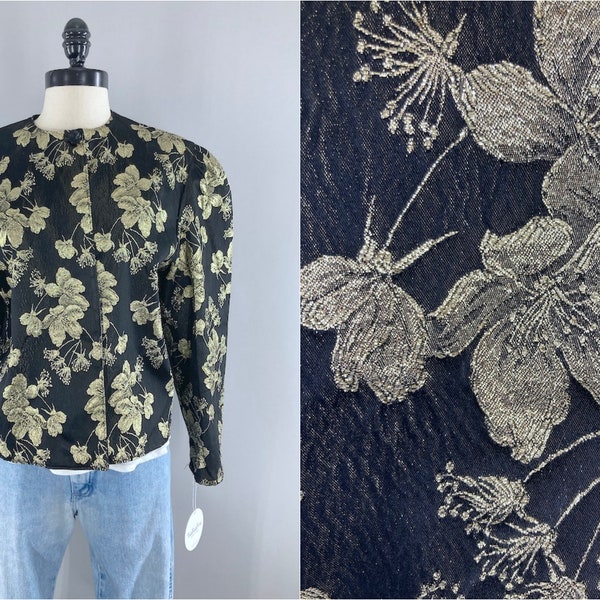 Vintage Jacket, Black and Gold Metallic Floral, Puff Sleeves, 1980s 80s Glam Rock