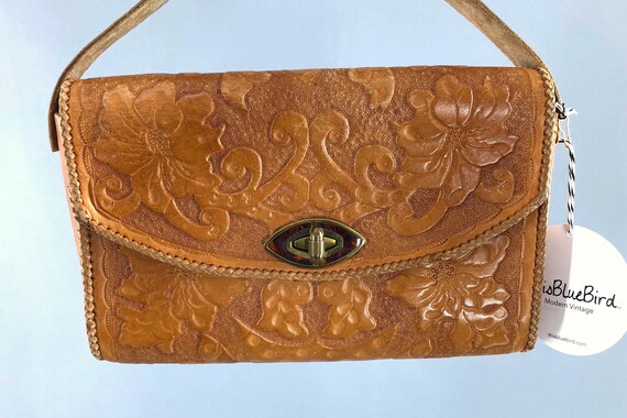 Vintage Hand Tooled Faux Leather Purse 60s/70s Embossed Floral 