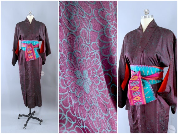 Vintage Kimono Robe, Maroon Purple Teal Green Flor