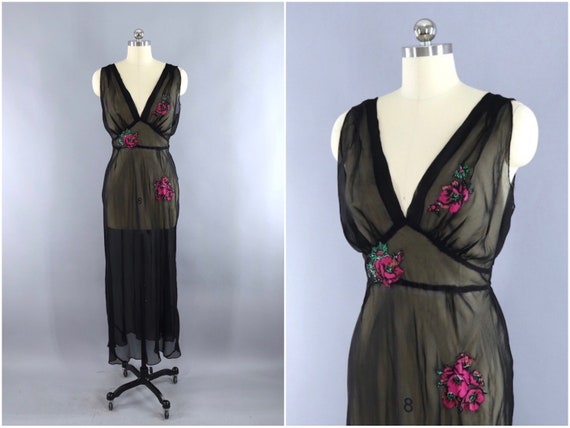Vintage Nightgown, Bias Cut Black Chiffon Pink Flo