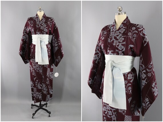 Vintage Kimono Robe, Maroon Purple Grey Floral Ome