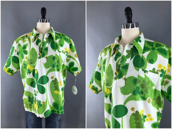 Vintage Hawaiian Shirt, Green Hawaiian Print Barkc