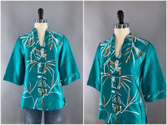 Vintage Tunic Top, Green Floral Hawaiian Print, An