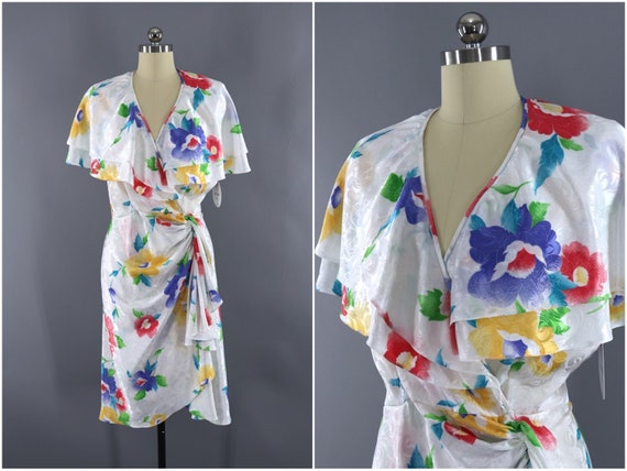 Vintage Wrap Dress, White Floral Print, 1980s 80s,