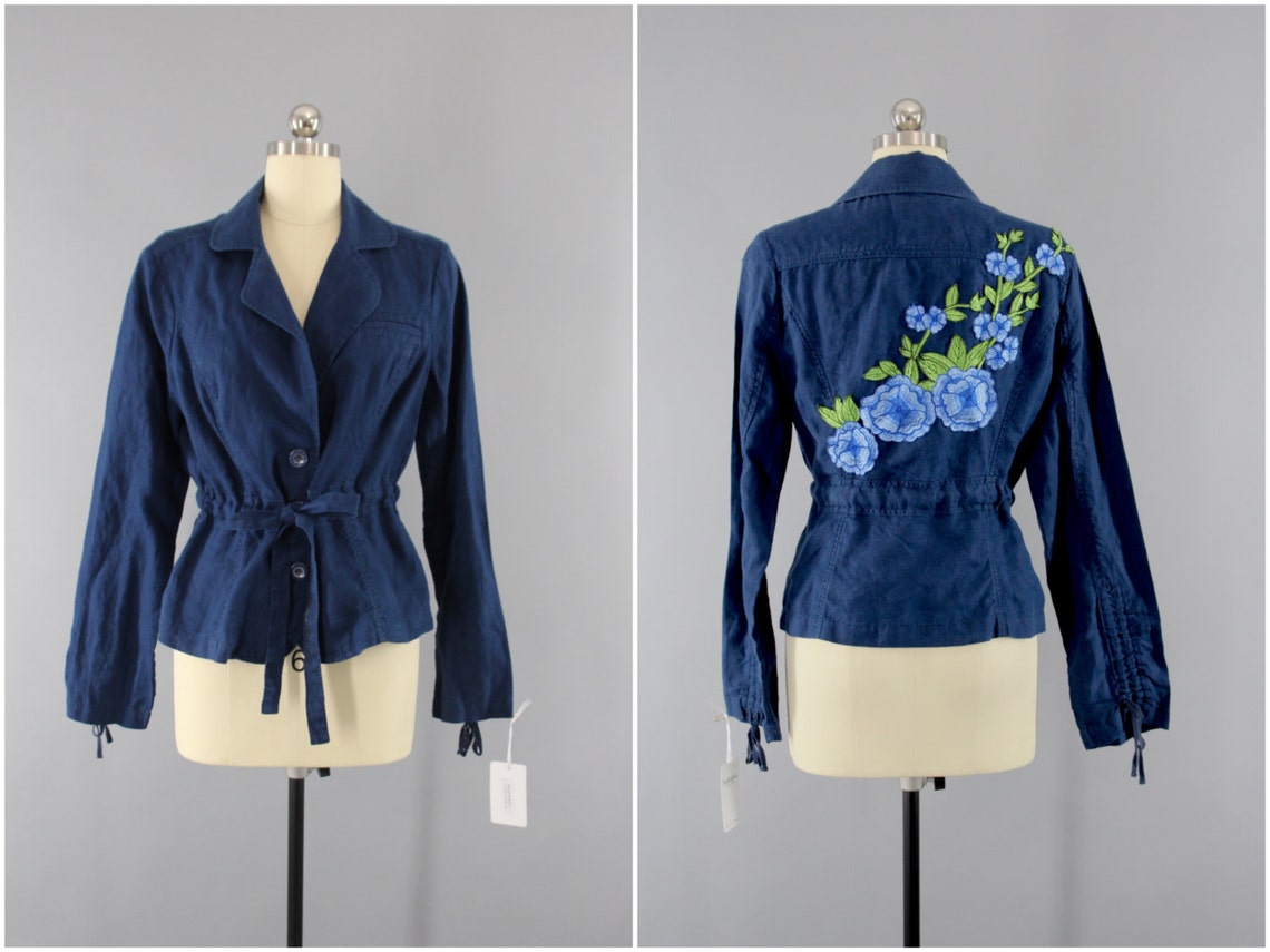 Embroidered Linen Jacket Blue Floral Embroidery Upcycled Etsy