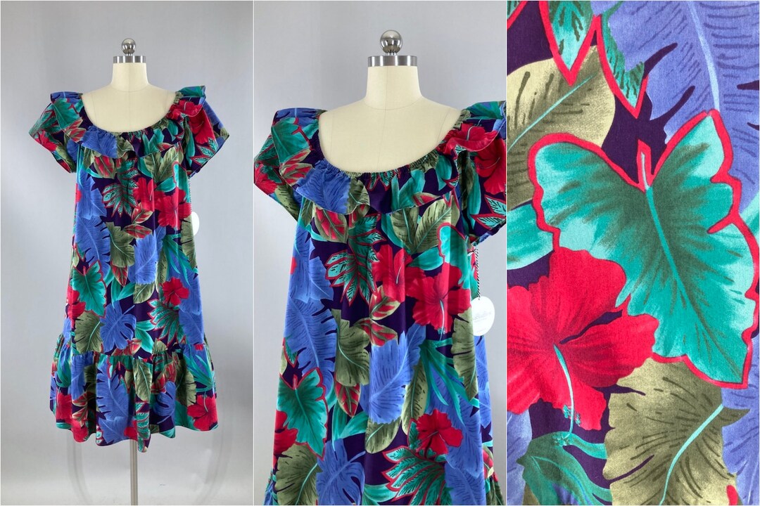 Vintage Hawaiian Dress Hilo Hattie Blue & Red Floral Kaftan - Etsy