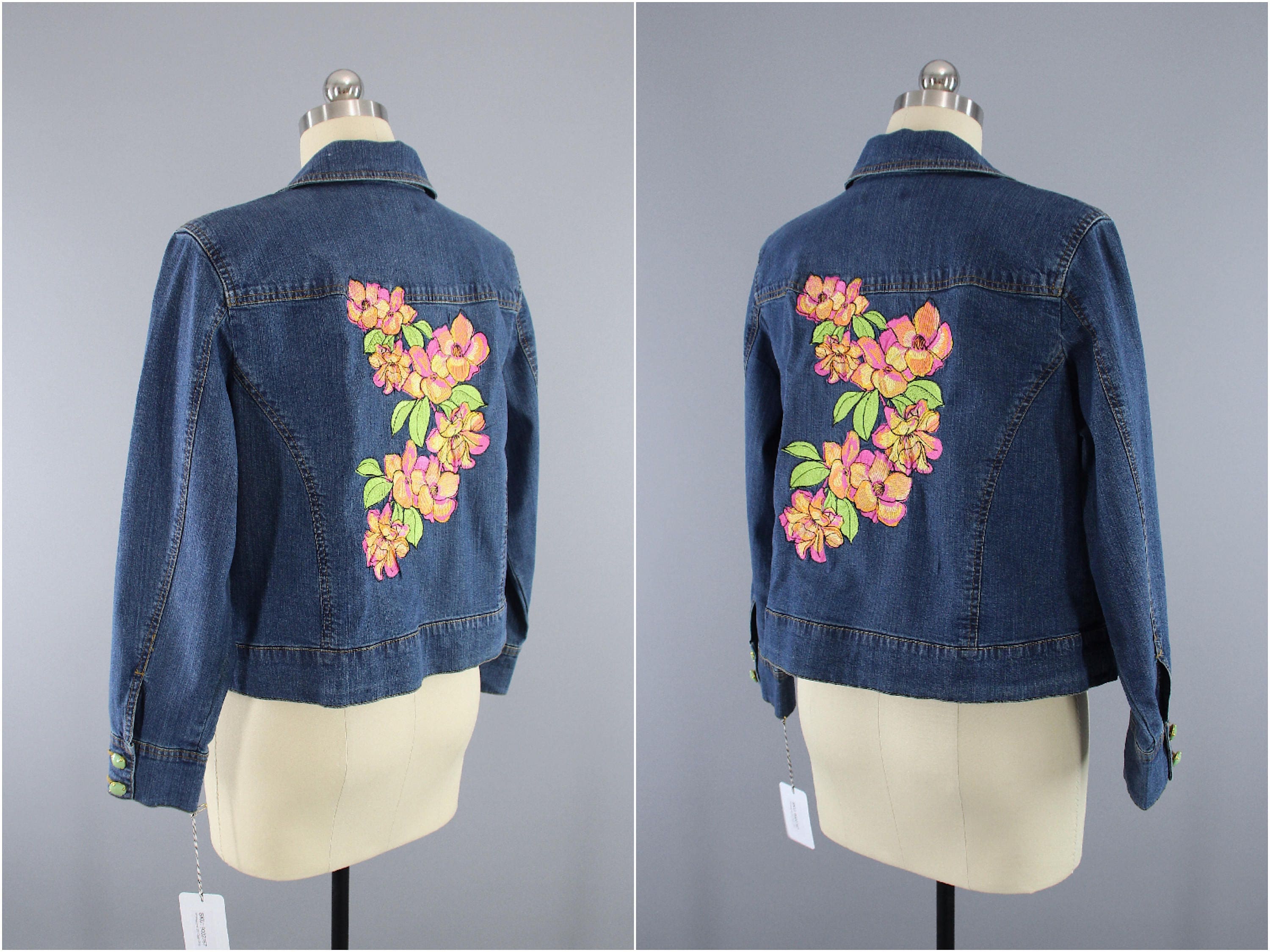 Denim Jean Jacket Embroidered Hawaiian Floral Embroidery | Etsy