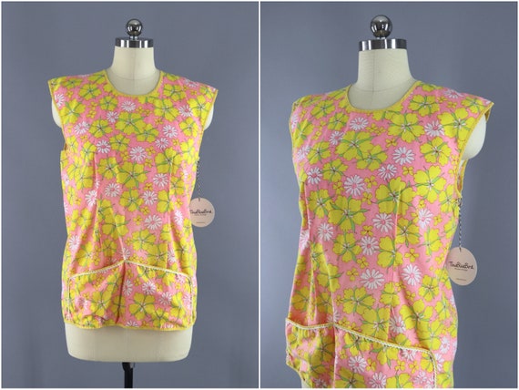 Vintage Smock Apron, Pink & Yellow Mod Floral, Nov