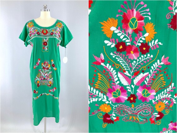 Vintage Mexican Dress, Bright Green Cotton Huipil… - image 1