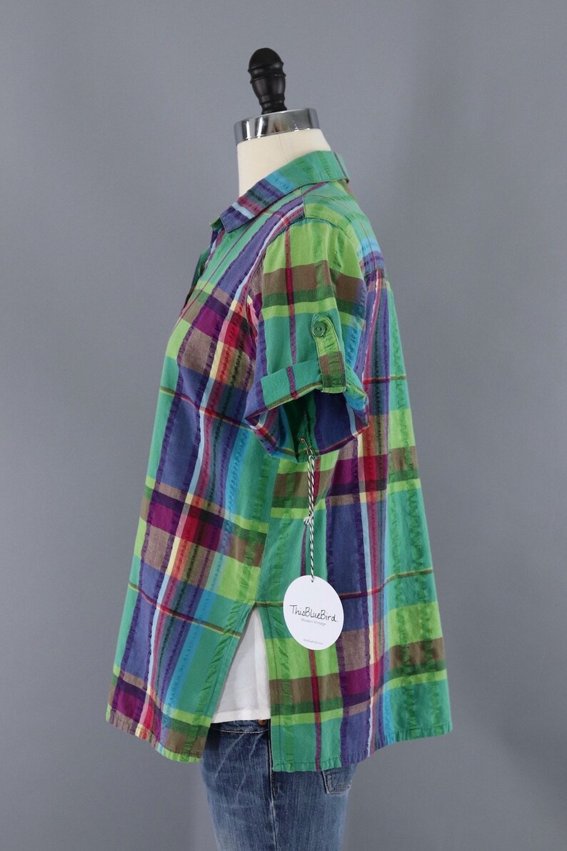 Vintage 1980s Madras Plaid Top Green Seersucker Cotton Preppy Summer Blouse