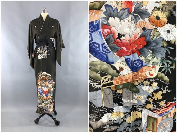Antique Silk Kimono Robe, Black Grey Green Floral,