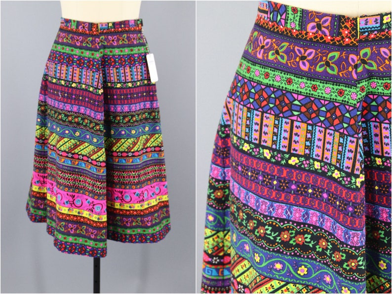 Neon Pink Vintage Skirt 1960s Novelty Print Boho Hippie Midi Mid Length Festival Style Black Floral