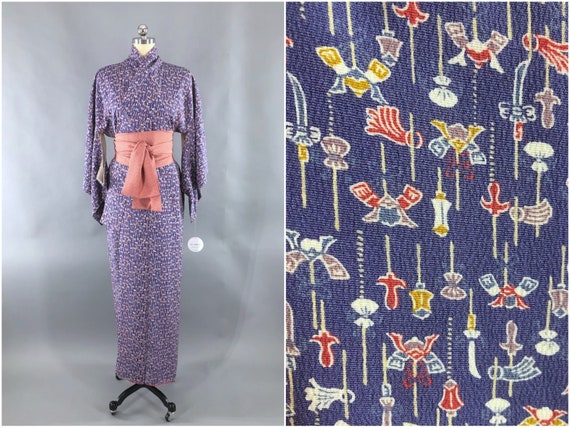 Vintage Kimono Robe, Dark Periwinkle Purple Orange