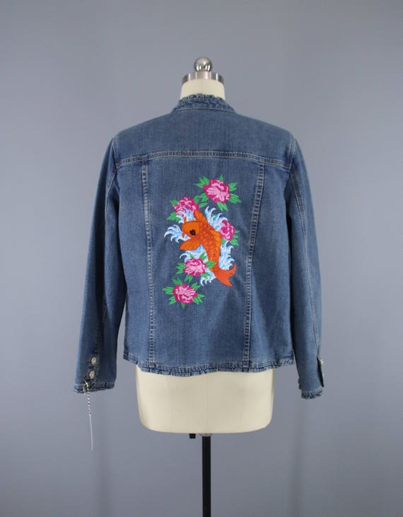 Embroidered Denim Jean Jacket Koi Fish 