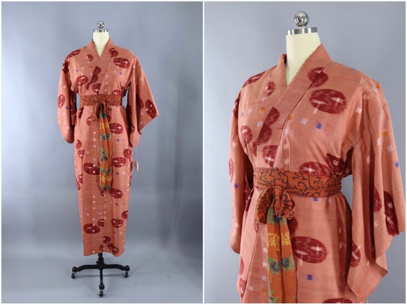 Vintage Silk Kimono Robe, Terra Cotta Rust Orange