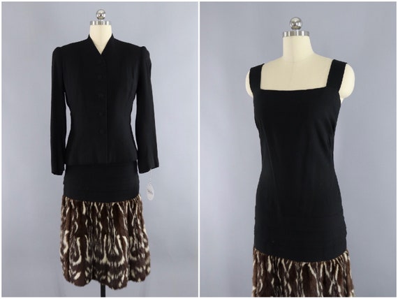 Vintage HATTIE CARNEGIE Black Dress with Brown Fur