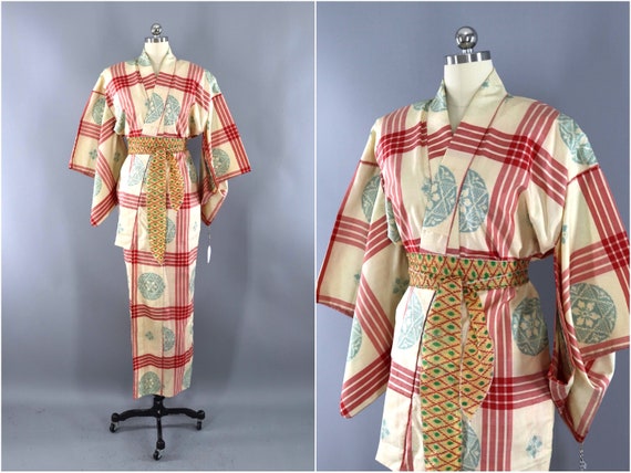 Vintage Silk Kimono Robe, Ivory Red Green Plaid Ta
