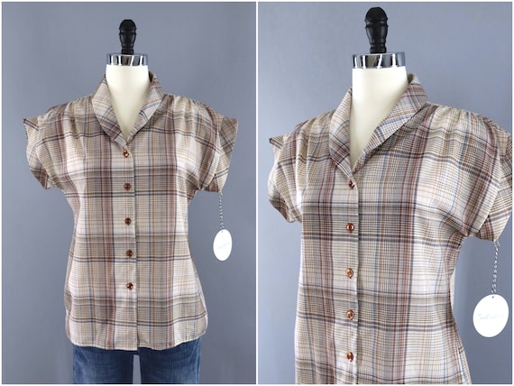 Vintage Blouse, Brown Orange Plaid, Tartan Madras