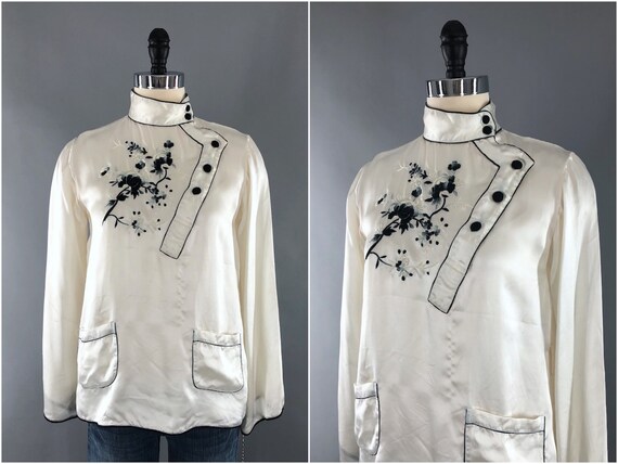Vintage Pajama Top, Embroidered White Satin, Black
