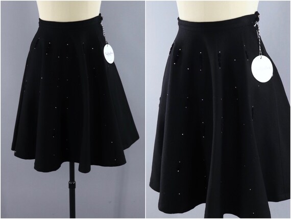 Vintage Black Wool Felt Skirt / 1950s Circle Skirt