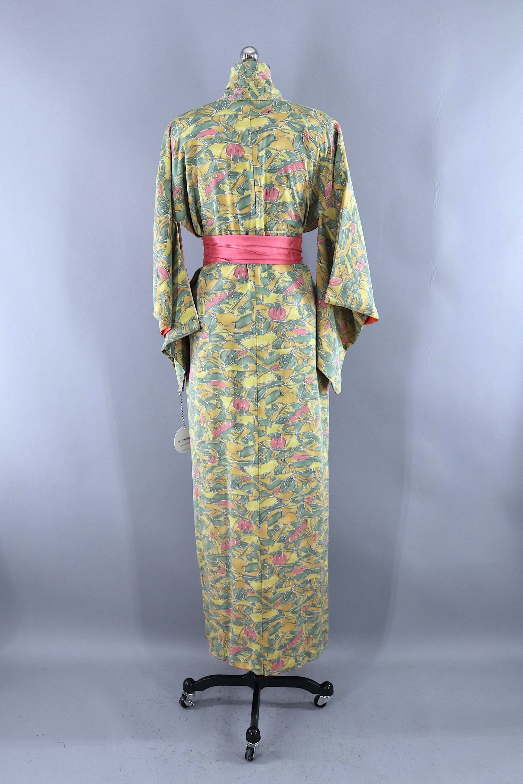 Vintage Silk Kimono Robe Green Watercolor Print Art Deco | Etsy