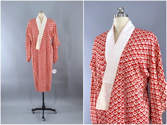 Vintage Silk Kimono Robe, Red & White Shibori Dots