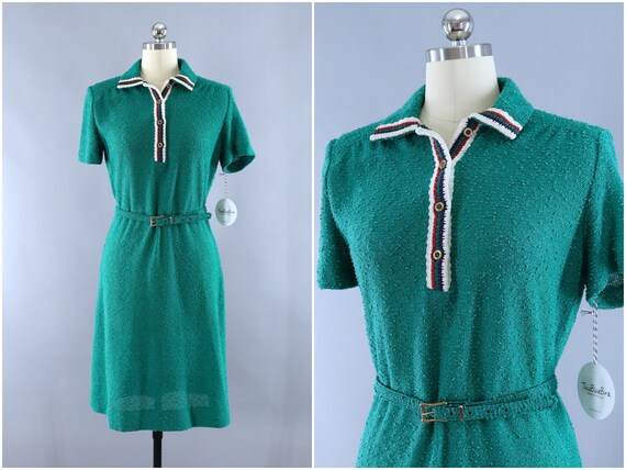 Vintage 1980s Knit Sweater Dress / Emerald Green B