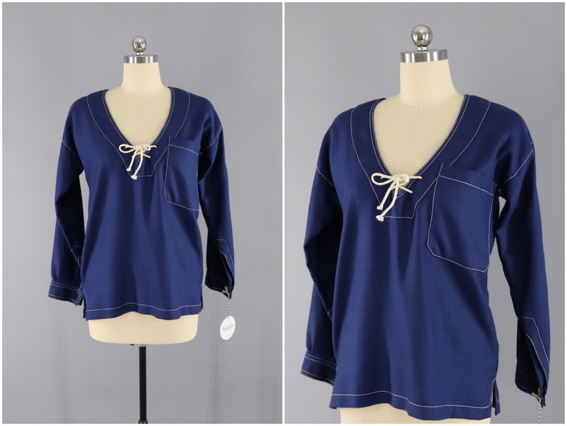 Nautical Preppy 1970s Navy Blue Tunic Oscar de la Renta Vintage Sailor Shirt