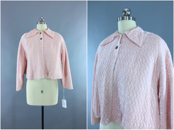 Vintage Bed Jacket, Pastel Pink Velvet, Lingerie L
