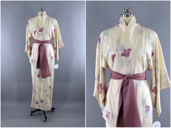 Vintage Silk Kimono, White and Purple Wagons Novel