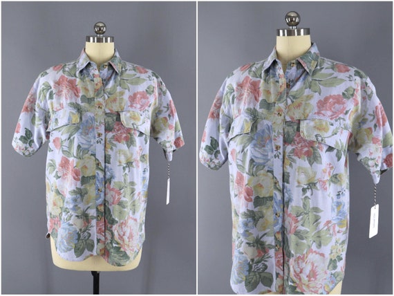 Vintage Chambray Shirt / 1980s Floral Print Denim