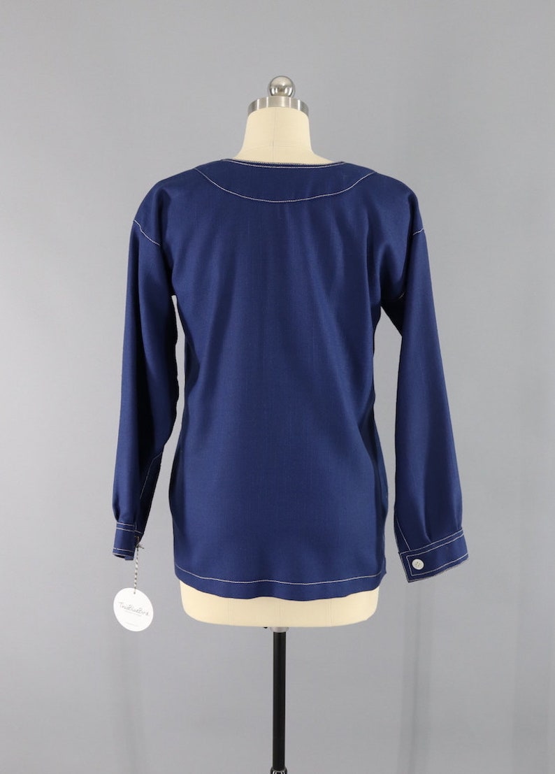 Nautical Preppy 1970s Navy Blue Tunic Oscar de la Renta Vintage Sailor Shirt