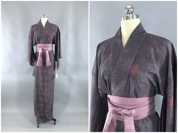 Vintage Kimono Robe, Charcoal Grey Red Green Flora