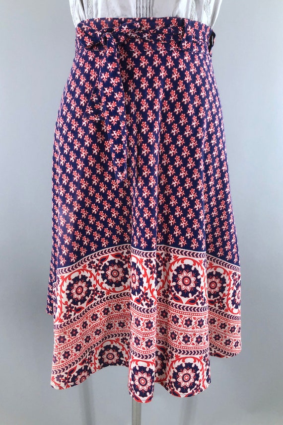 Vintage Wrap Skirt, Red White Blue Paisley, India… - image 2