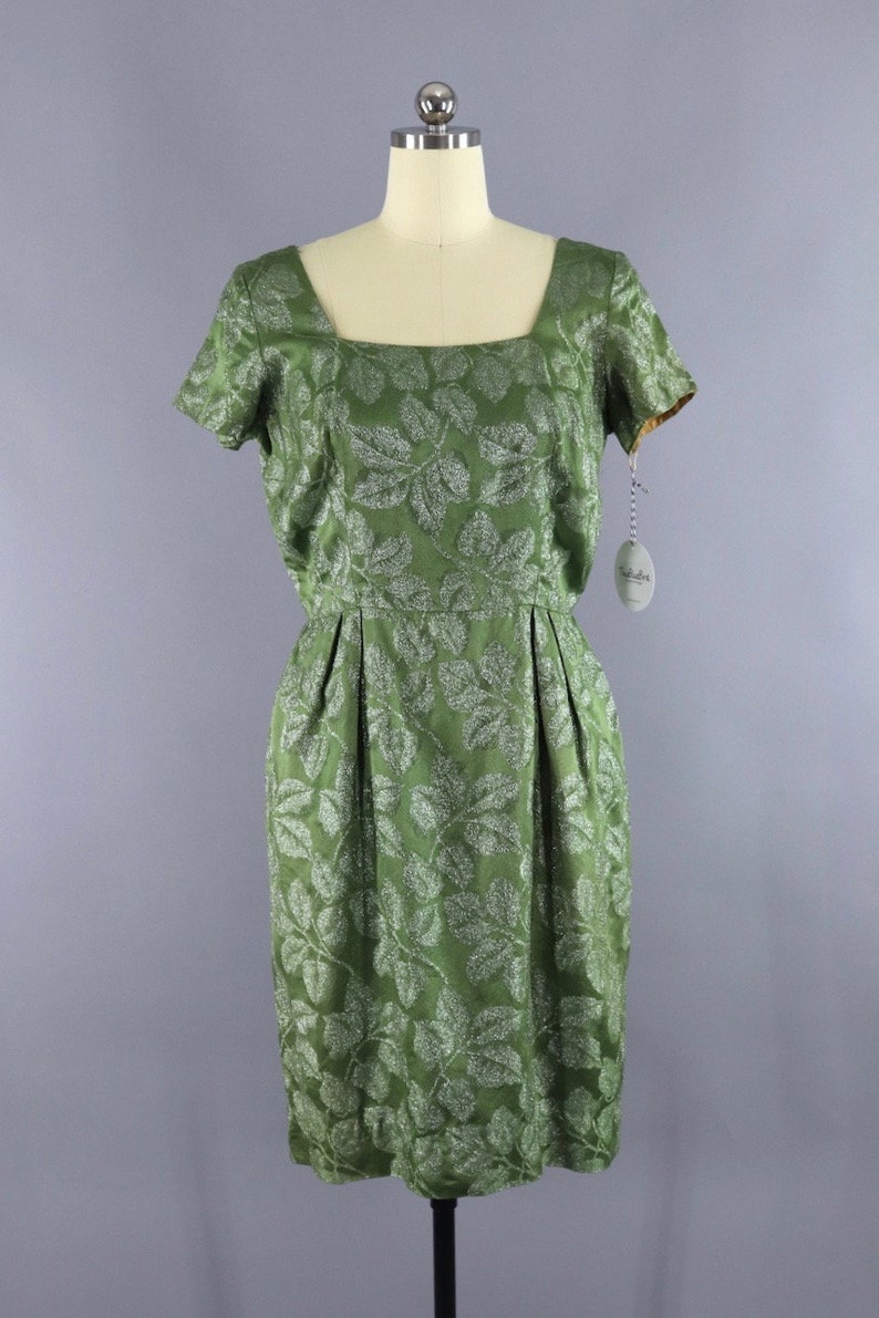 Vintage Cocktail Dress Reception Courthouse Wedding Bridesmaid Olive Army Green /& Silver Satin 1950s 50s 1960s 60s