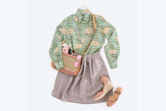 Vintage Blouse, ELLES BELLES, Green Floral Print S